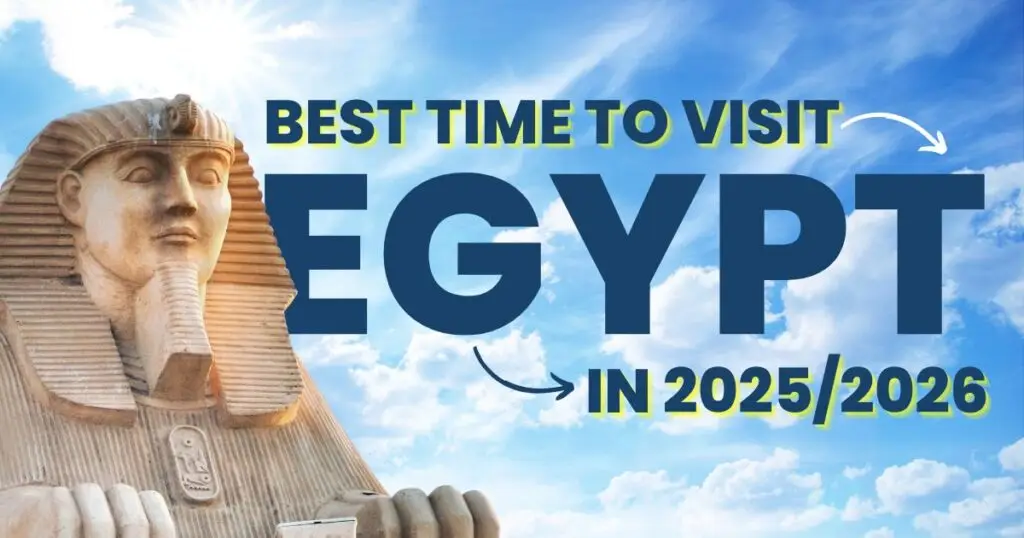Scenic view of the Pyramids of Giza under clear blue skies, showcasing the best time to visit Egypt for ideal weather and sightseeing.